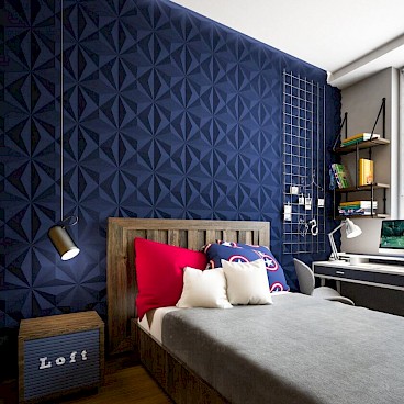 Стена в спальной с синим оттенком
